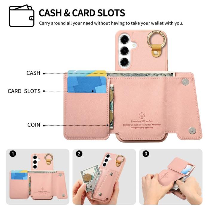 OEM - D-Ring Samsung Galaxy A35 5G Skal Äkta Läder + Plast - Rosa