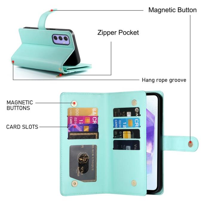 OEM - DF-011 Samsung Galaxy A55 5G Skal Dragkedja Äkta Läder - Mintgrön