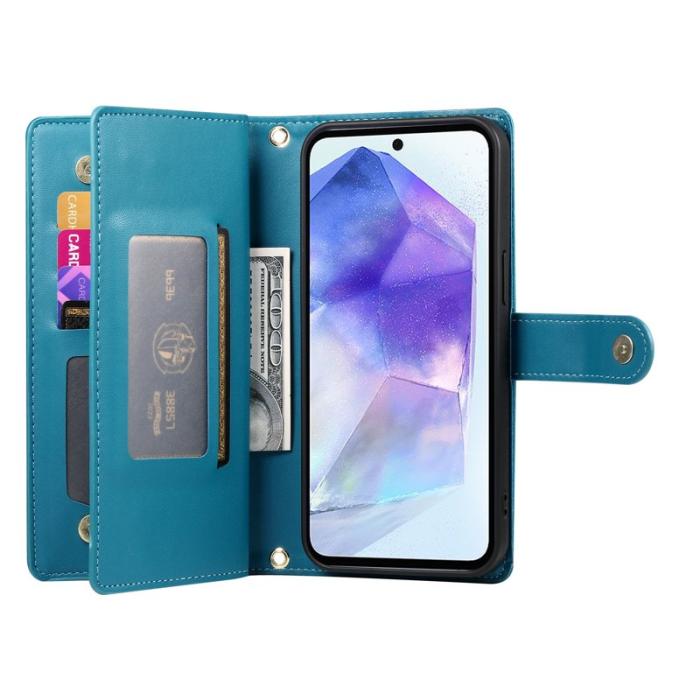 OEM - DF-011 Samsung Galaxy A55 5G Skal Med Dragkedja Äkta Läder - Blå