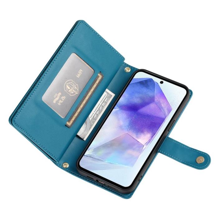 OEM - DF-011 Samsung Galaxy A55 5G Skal Med Dragkedja Äkta Läder - Blå