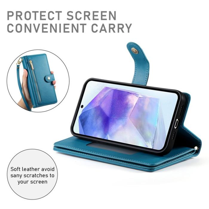 OEM - DF-011 Samsung Galaxy A55 5G Skal Med Dragkedja Äkta Läder - Blå