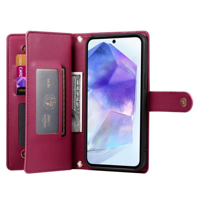 OEM - DF-011 Samsung Galaxy A55 5G Skal Med Dragkedja Äkta Läder - Röd