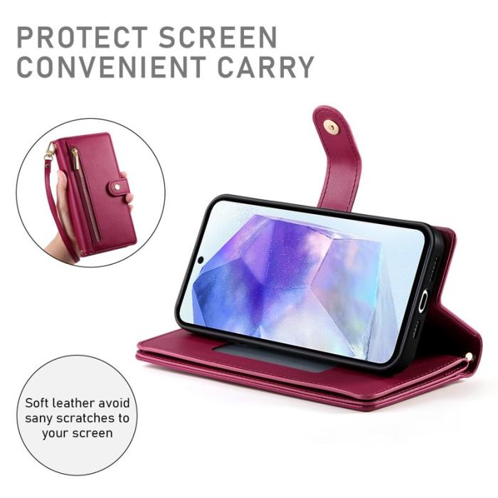 OEM - DF-011 Samsung Galaxy A55 5G Skal Med Dragkedja Äkta Läder - Röd