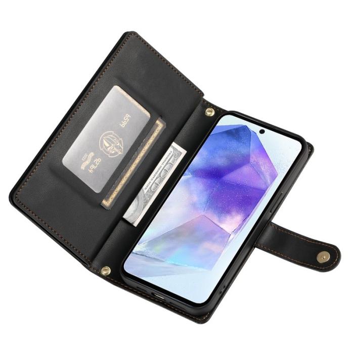 OEM - DF-011 Samsung Galaxy A55 5G Skal Med Dragkedja Äkta Läder - Svart