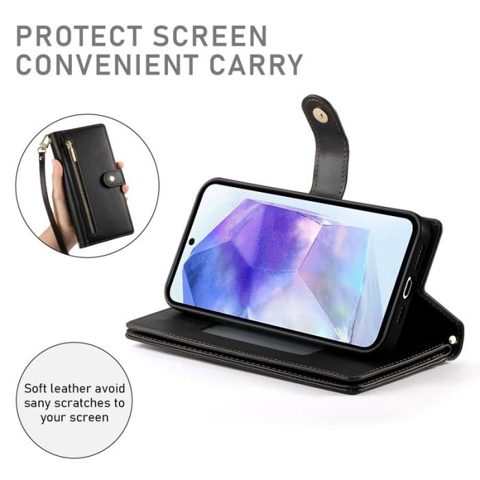 OEM - DF-011 Samsung Galaxy A55 5G Skal Med Dragkedja Äkta Läder - Svart