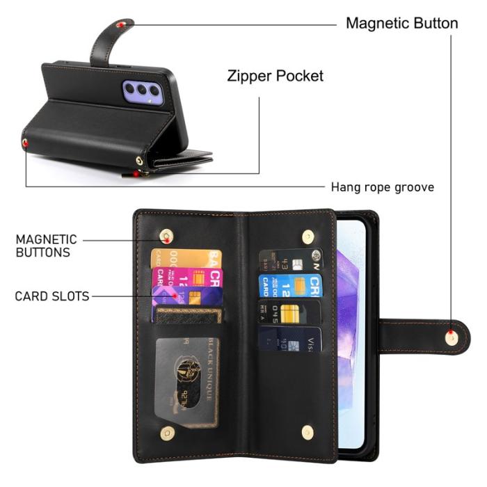 OEM - DF-011 Samsung Galaxy A55 5G Skal Med Dragkedja Äkta Läder - Svart