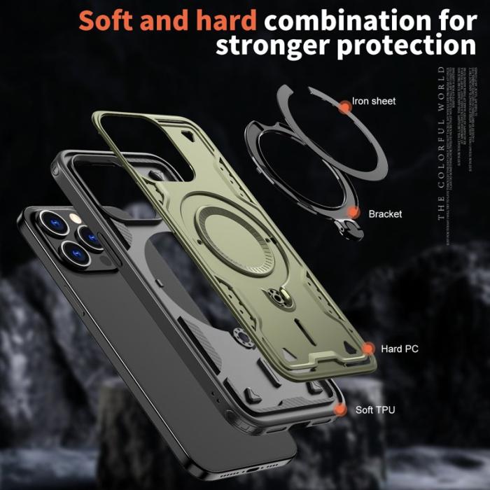 N/A - iPhone 15 Pro Max Skal Plast Militärskydd Kickstand - Olive Green