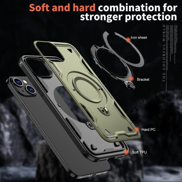 N/A - iPhone 15 Skal Plast Militärskydd MagSafe Kickstand - Olive Green