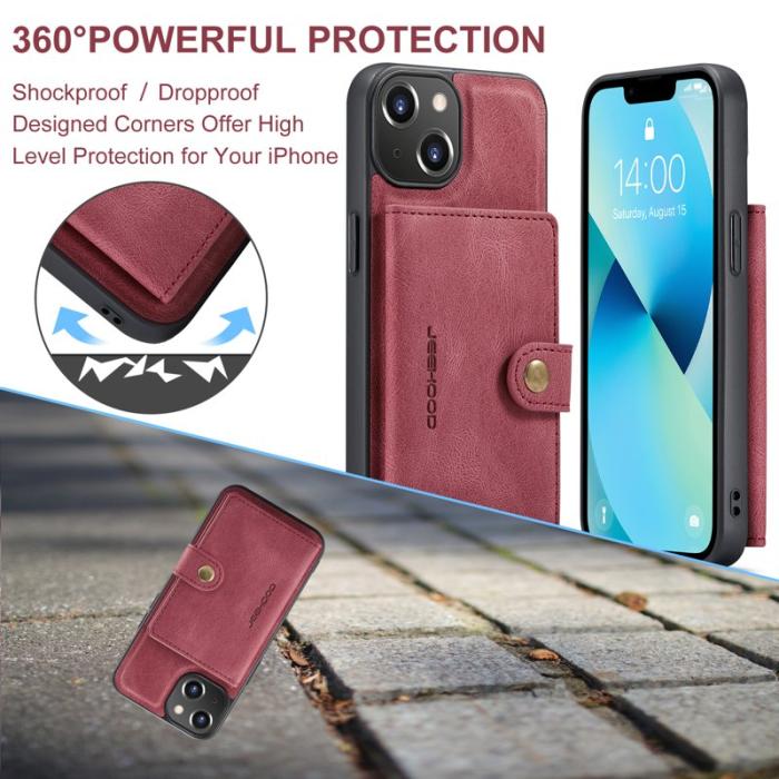JEEHOOD - JEEHOOD iPhone 14 Fodral Läder Plast Magnetisk 2-i-1 - Röd