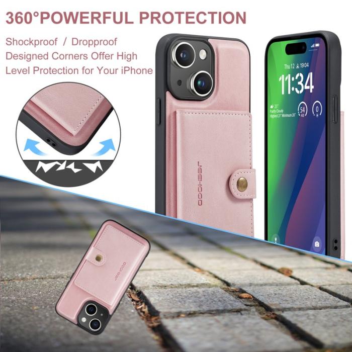 JEEHOOD - JEEHOOD iPhone 15 Plus Fodral KonstLäder Avtagbar - Rosa