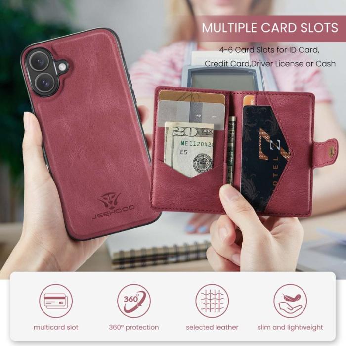 JEEHOOD - JEEHOOD iPhone 16 Fodral Äkta Läder + Plast Avtagbar - Röd