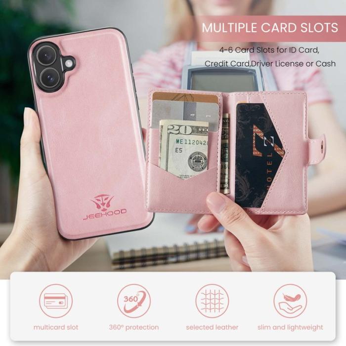 JEEHOOD - JEEHOOD iPhone 16 Fodral Äkta Läder + Plast Avtagbar - Rosa