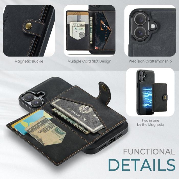 JEEHOOD - JEEHOOD iPhone 16 Fodral Äkta Läder + Plast Avtagbar - Svart