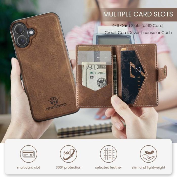 JEEHOOD - JEEHOOD iPhone 16 Plus Fodral Äkta Läder Plast Avtagbar - Brun