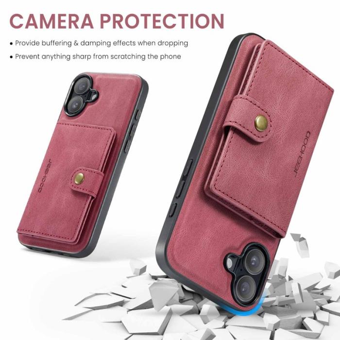 JEEHOOD - JEEHOOD iPhone 16 Plus Fodral Äkta Läder + Plast Avtagbar - Röd