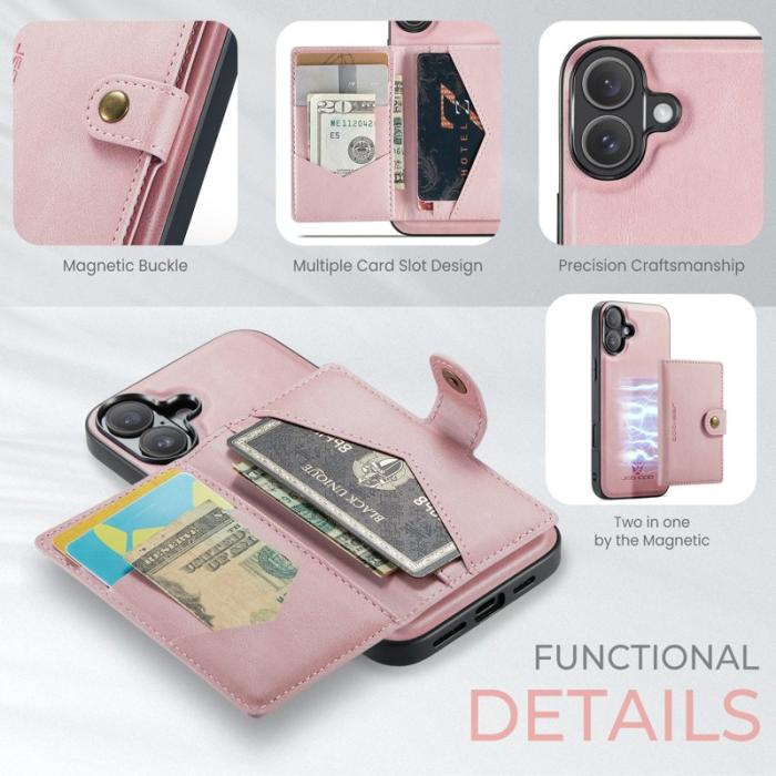 JEEHOOD - JEEHOOD iPhone 16 Plus Fodral Äkta Läder Plast Avtagbar - Rosa