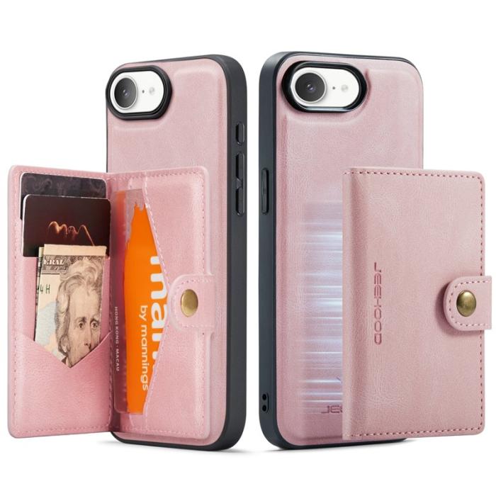 JEEHOOD - JEEHOOD iPhone 16e Fodral Äkta Läder Med Avtagbart Kortfack - Rosa