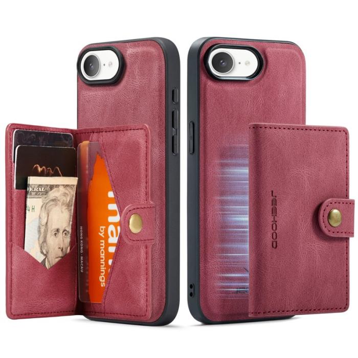 JEEHOOD - JEEHOOD iPhone 16e Fodral Äkta Läder Med Magnetisk Kortficka - Röd