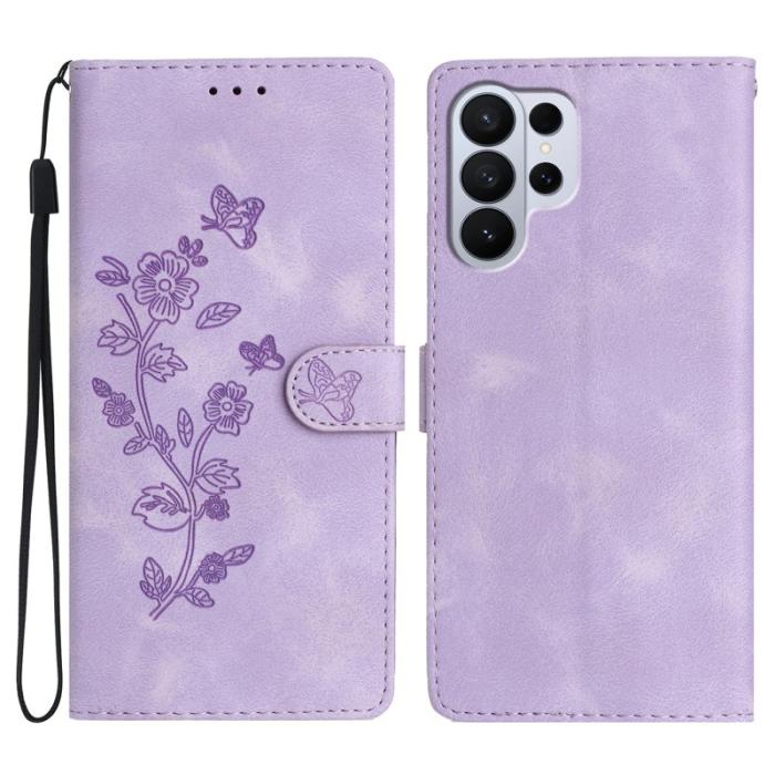 OEM - LEATHER Samsung Galaxy S26 Ultra Fodral Äkta Läder Blommönster - Lila