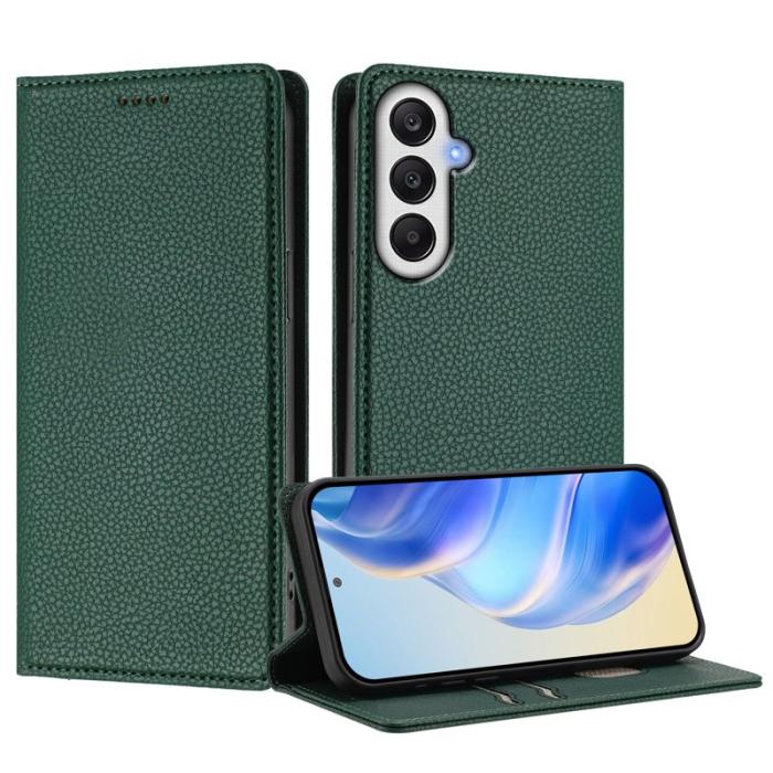 OEM - LITCHI Samsung Galaxy A35 5G Fodral Äkta Läder RFID Skydd - Mörkgrön