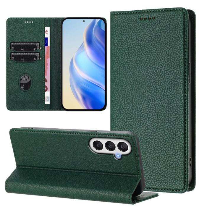 OEM - LITCHI Samsung Galaxy A35 5G Fodral Äkta Läder RFID Skydd - Mörkgrön