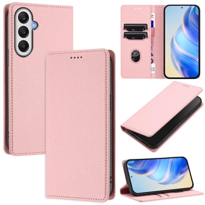 OEM - LITCHI Samsung Galaxy A55 5G Plånboksfodral Konstläder RFID Skydd - Rosa