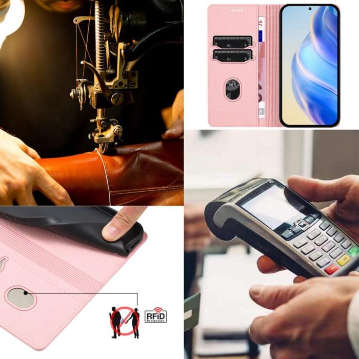 OEM - LITCHI Samsung Galaxy A55 5G Plånboksfodral Konstläder RFID Skydd - Rosa