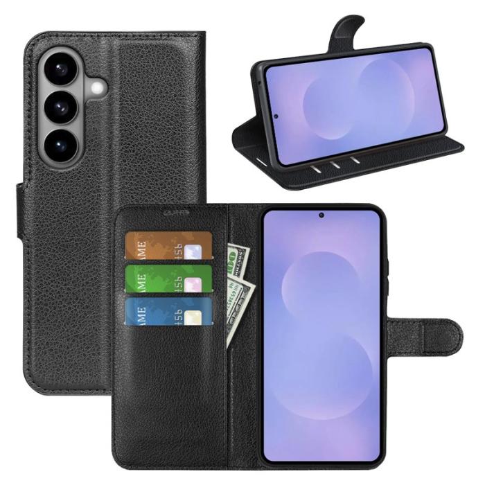 OEM - LITCHI Samsung Galaxy S26 Fodral Äkta Läder Stötskydd - Svart
