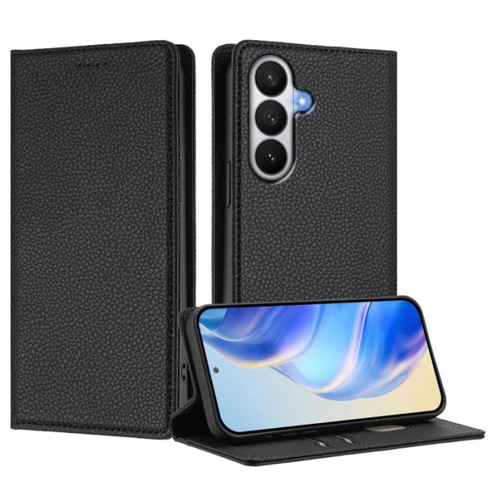OEM - Litchi Samsung Galaxy S26 / S26 Pro Fodral Äkta Läder RFID Skydd - Svart