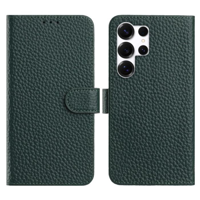 OEM - LITCHI Samsung Galaxy S26 Ultra Fodral Äkta Läder Flip - Grön