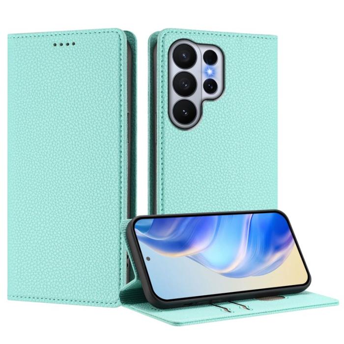 OEM - Litchi Samsung Galaxy S26 Ultra Fodral Äkta Läder RFID Skydd - Mintgrön