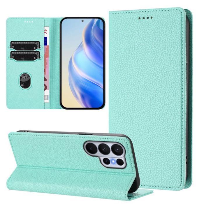 OEM - Litchi Samsung Galaxy S26 Ultra Fodral Äkta Läder RFID Skydd - Mintgrön