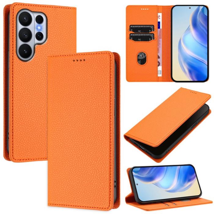 OEM - Litchi Samsung Galaxy S26 Ultra Fodral Äkta Läder RFID Skydd - Orange