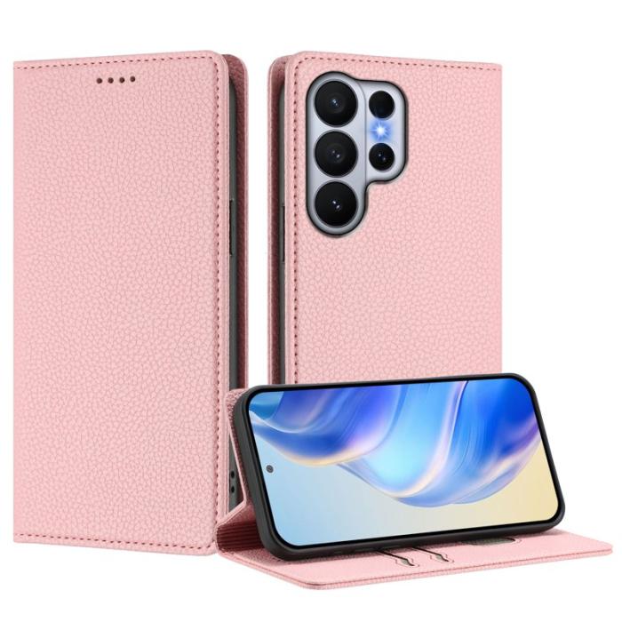 WANLONFENG - LITCHI Samsung Galaxy S26 Ultra Fodral Äkta Läder RFID Skydd - Rosa
