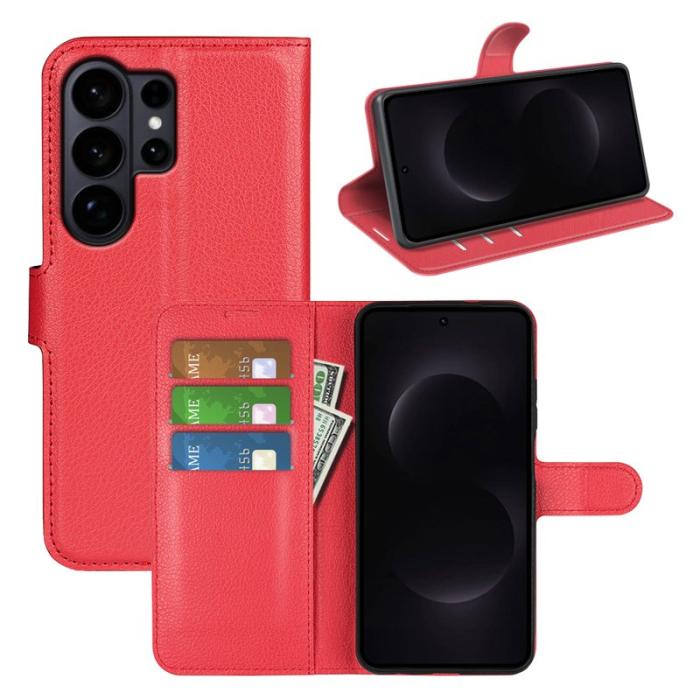 OEM - LITCHI Samsung Galaxy S26 Ultra Fodral Äkta Läder Skydd - Röd