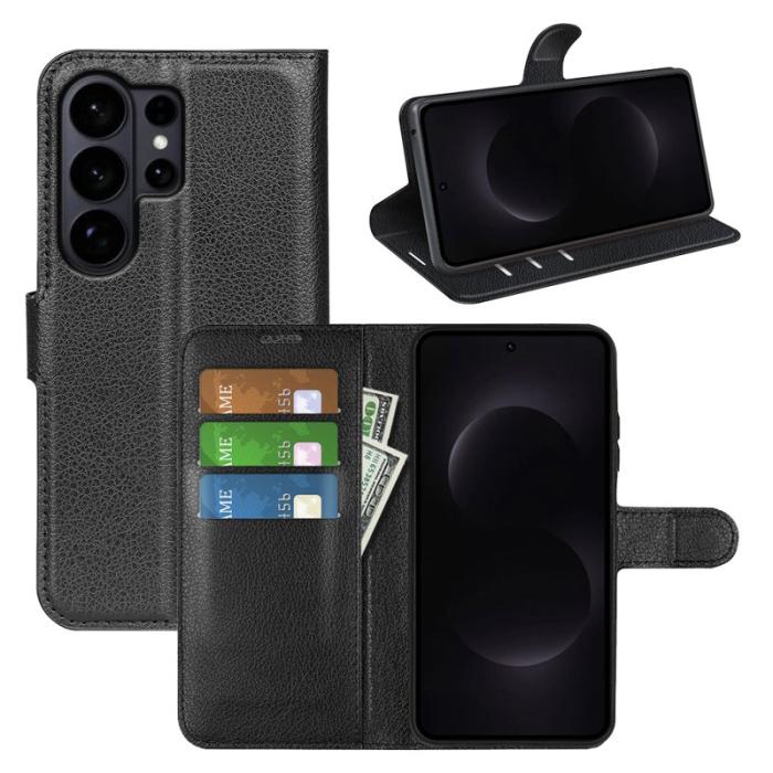 OEM - LITCHI Samsung Galaxy S26 Ultra Fodral Äkta Läder Stöttålig - Svart