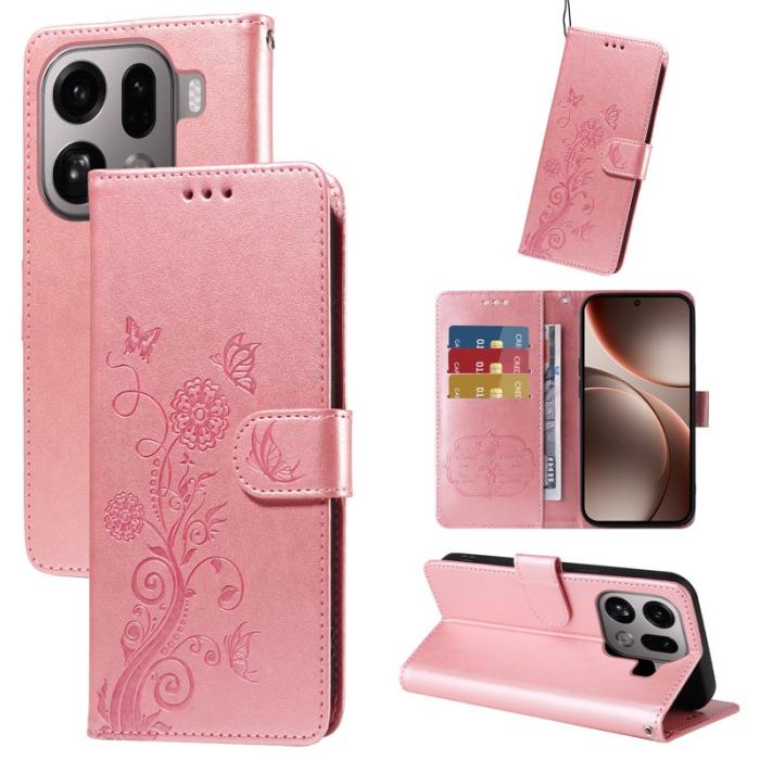 OEM - Oppo Find X9 Pro 5G Fodral Äkta Läder Blommönster - Rosa