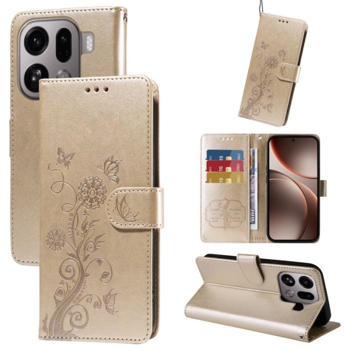 OEM - Oppo Find X9 Pro 5G Fodral Äkta Läder Blomtryck - Guld