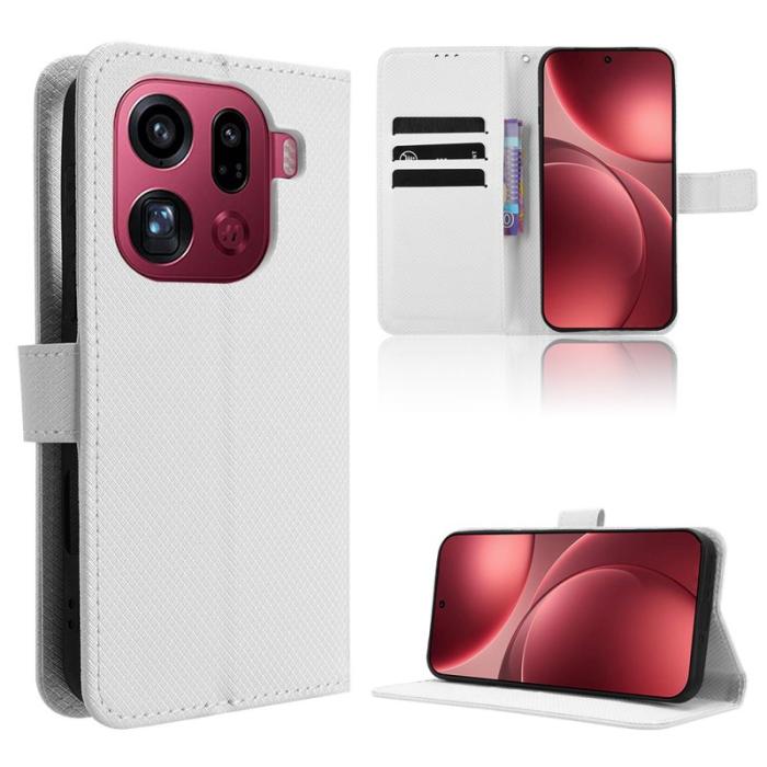 OEM - Oppo Find X9 Pro 5G Fodral Äkta Läder Med Rem Diamantmönster - Vit