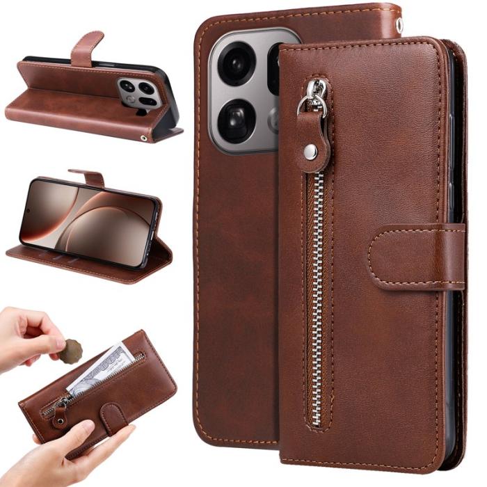 OEM - Oppo Find X9 Pro 5G Kortfack Fodral PU Läder Med Dragkedja - Brun