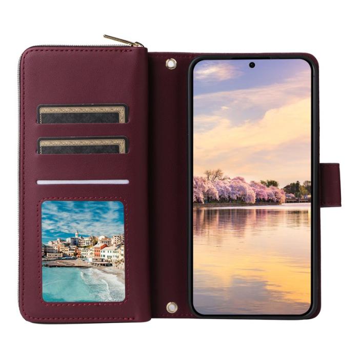 OEM - R20 Samsung Galaxy A55 5G Plånboksfodral Dragkedja Ställning Konstläder - Vinröd