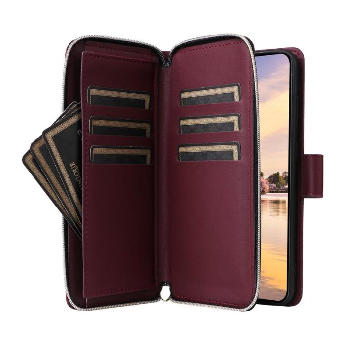 OEM - R20 Samsung Galaxy A55 5G Plånboksfodral Dragkedja Ställning Konstläder - Vinröd