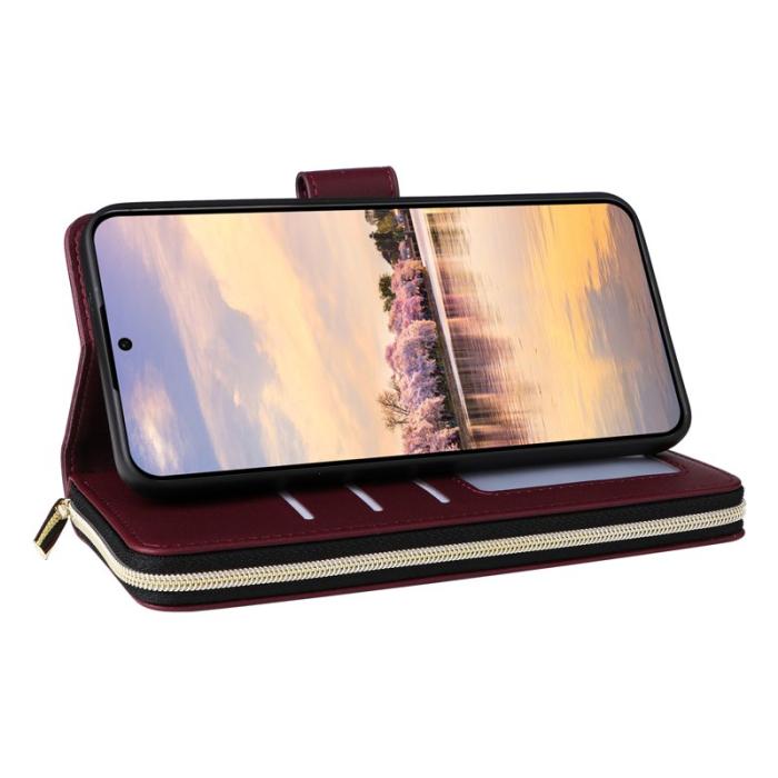 OEM - R20 Samsung Galaxy A55 5G Plånboksfodral Dragkedja Ställning Konstläder - Vinröd