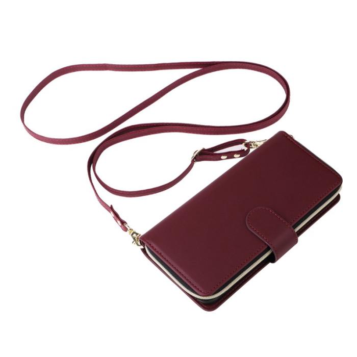 OEM - R20 Samsung Galaxy A55 5G Plånboksfodral Dragkedja Ställning Konstläder - Vinröd