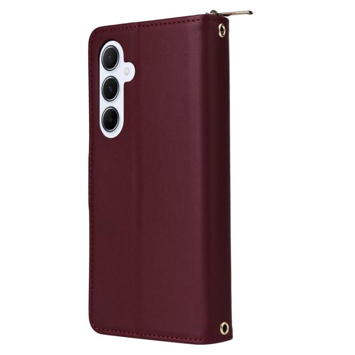 OEM - R20 Samsung Galaxy A55 5G Plånboksfodral Dragkedja Ställning Konstläder - Vinröd