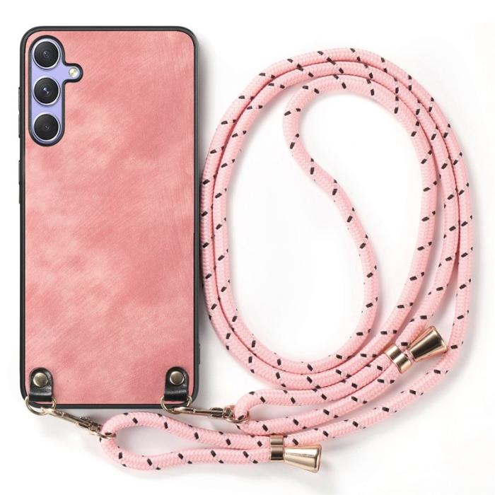 OEM - Retro Samsung Galaxy A35 5G Skal Äkta Läder Justerbar Rem - Rosa