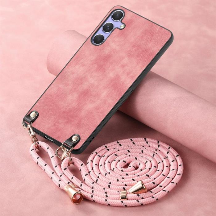 OEM - Retro Samsung Galaxy A35 5G Skal Äkta Läder Justerbar Rem - Rosa
