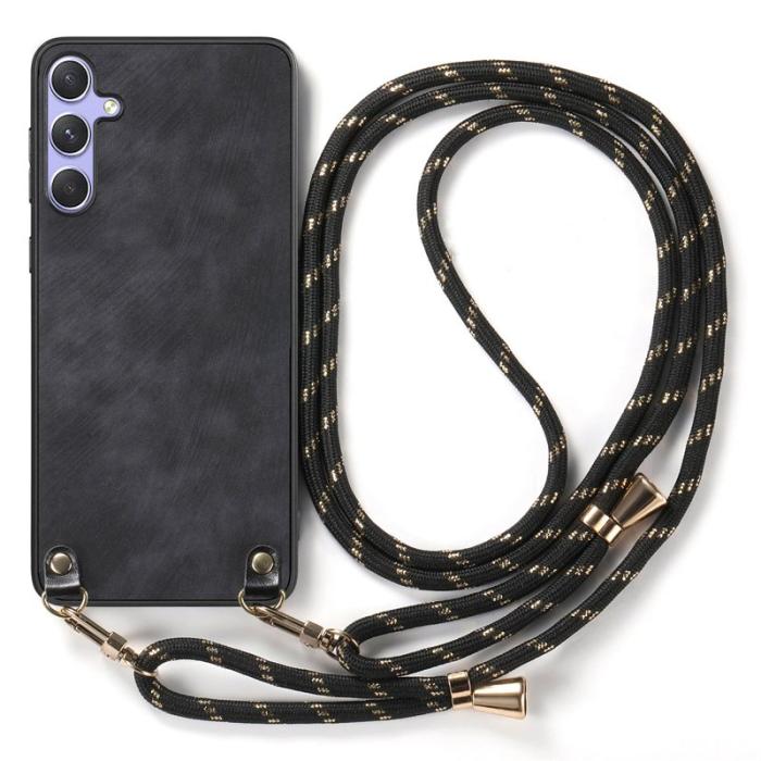 OEM - Retro Samsung Galaxy A55 5G Skal Äkta Läder - Svart