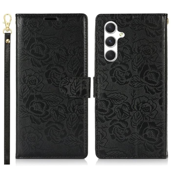 OEM - Samsung Galaxy A35 5G Fodral Äkta Läder Blommönster - Svart