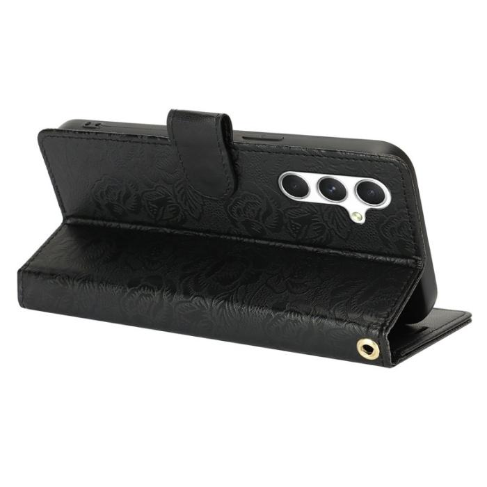 OEM - Samsung Galaxy A35 5G Fodral Äkta Läder Blommönster - Svart